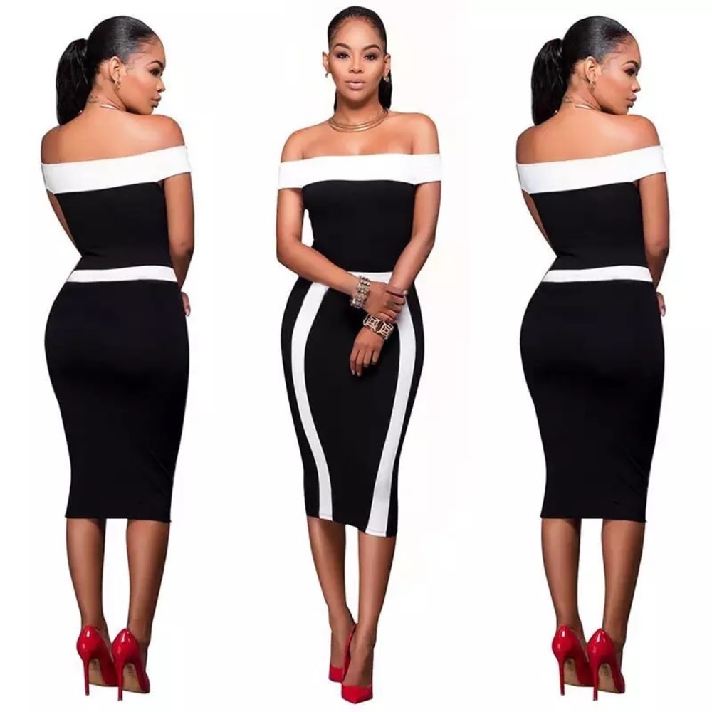 Black Bodycon White Slash Neck Off Shoulder Dress - Picture 4 of 8